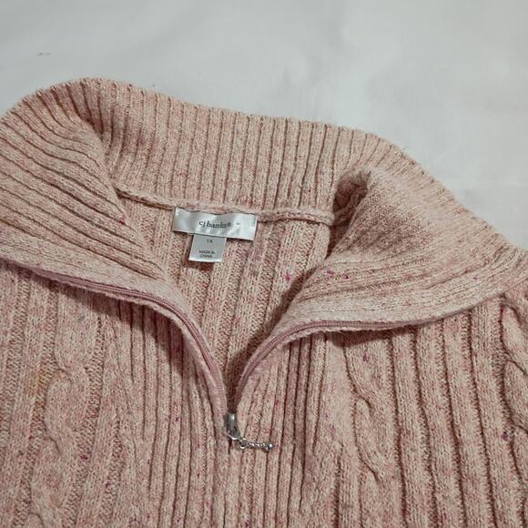CJ Banks 1X Cable-Knit Petal-Pink Ribbed Cotton-Bend Zip-Collar Tunic Sweater - Picture 7 of 12